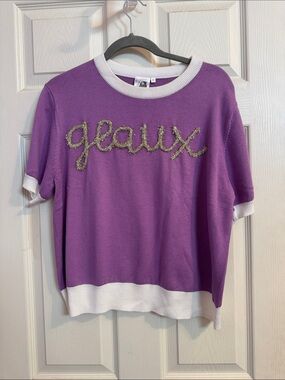 QUEEN OF SPARKLES Purple Short-Sleeve Knit Top with Gold Script